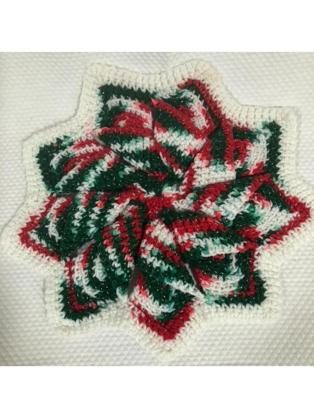 Vintage  Crocheted Red Green & White  Hot Pad 12 " Holiday Christmas Star